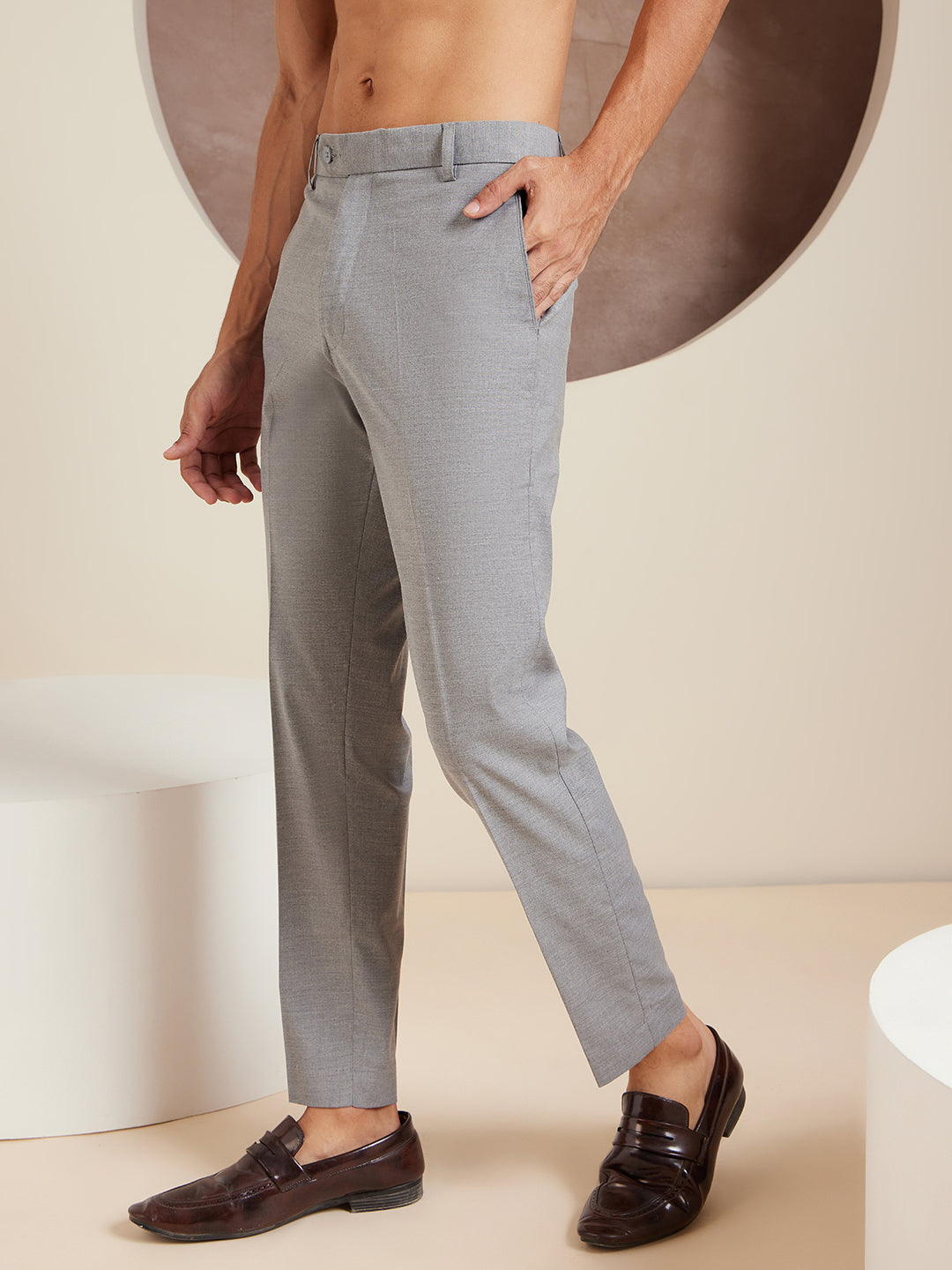 Buy Peter England Men Grey Solid Slim Fit Formal Trousers online